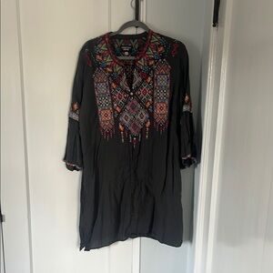 Johnny Was Gray and Black Tunic Dress with Bell Sleeves and Bib Collar